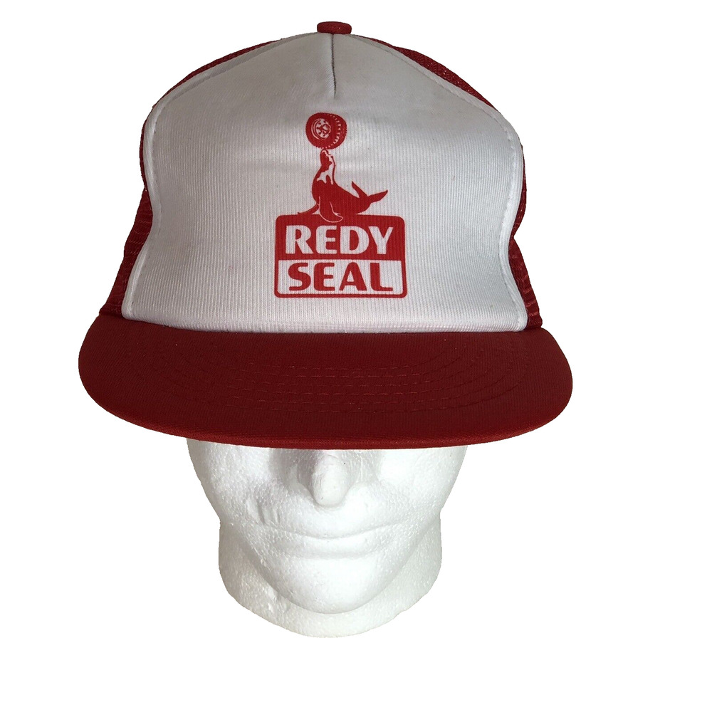 Trucker Hat Redy Seal Red and White, Logo Front Mesh Back Vintage Tire Cap
